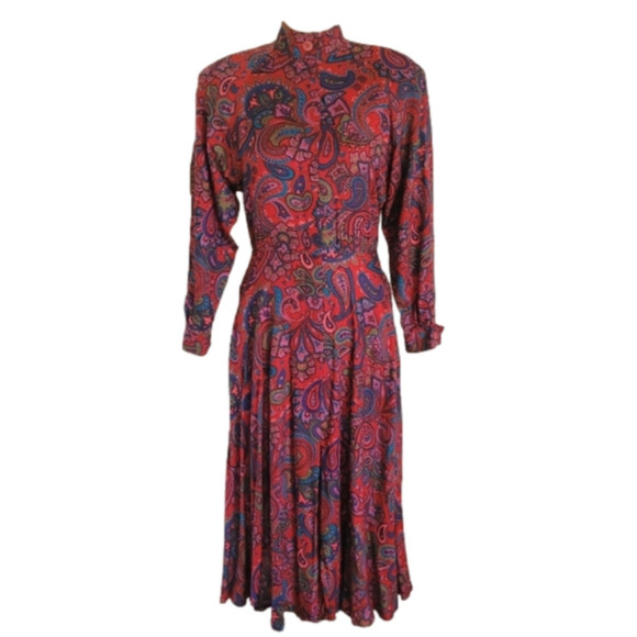 Vintage 70s Burgundy Paisley Button Front Long Sleeve Pleated Shirt Dress Size 4 - Picture 2 of 16